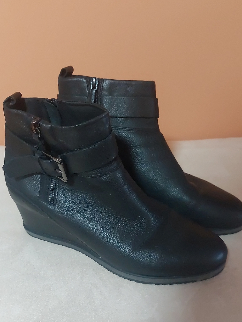 Geox, Size 11, Black Soft Leather Wedge Ankle Boots with Side Buckle. RESPIRA